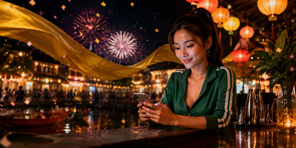 Không khí lễ hội đèn lồng Hội An với người chơi kiểm tra hoàn tiền trên điện thoại