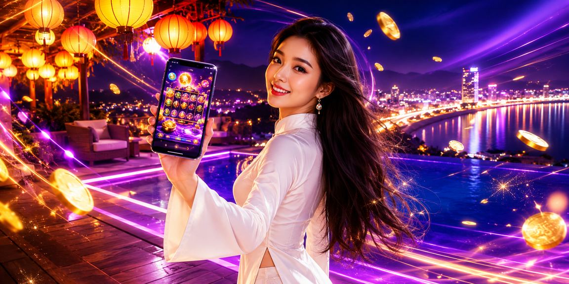 Người phụ nữ mặc áo dài tại Hội An sử dụng ứng dụng casino trên điện thoại